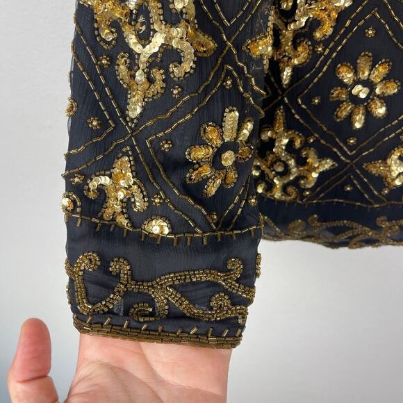 Vintage 80s Scala Jacket Women's Large Black Silk Gold Beaded Evening Party - Picture 6 of 10